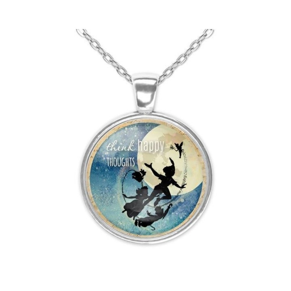Think Happy Thoughts Peter Pan Silver Glass Pendant Necklace New 20 Inch